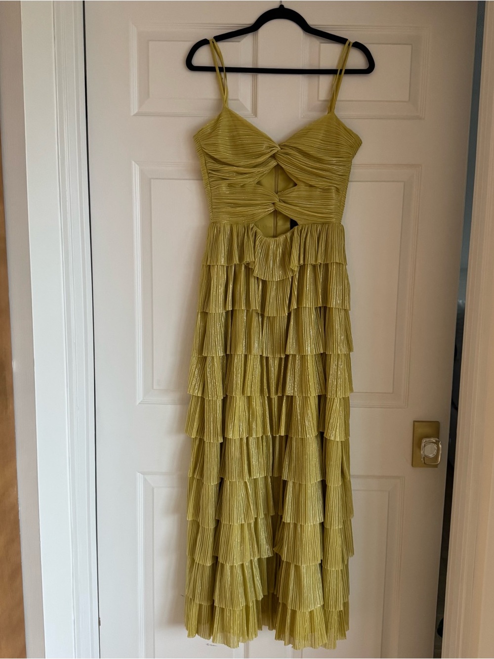 Gianni Bini Olive Grace Plisse Tiered Ruffle Maxi Dress